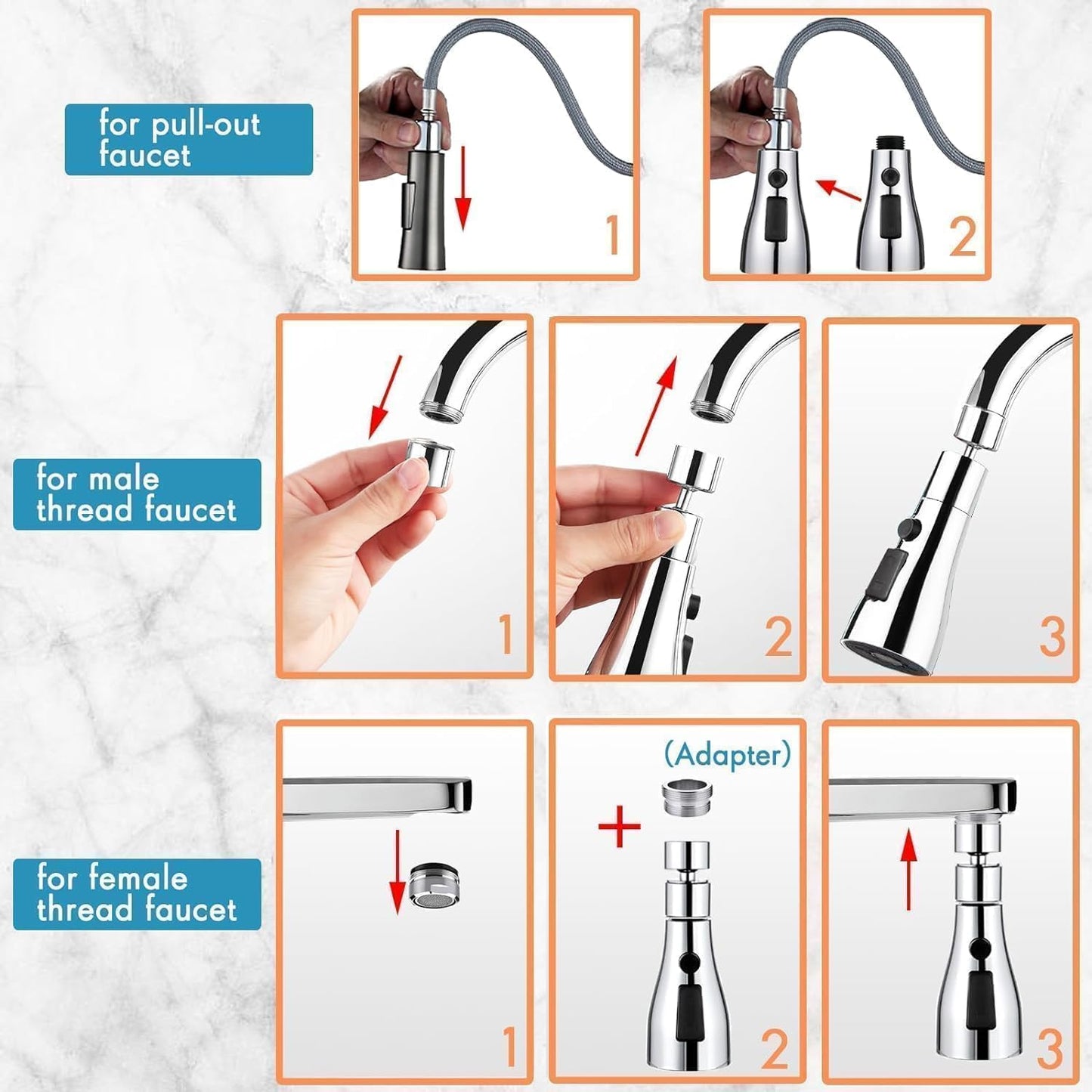 360° Rotating Kitchen Tap Extender, Flexible Faucet Attachment with 2/3 Mode Spray Head