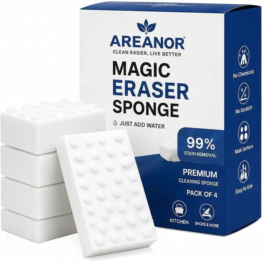 Magic Eraser Sponge Pack of 4 | No Scratch Melamine Cleaning Sponge | Removes Tough Stains with Just Water |